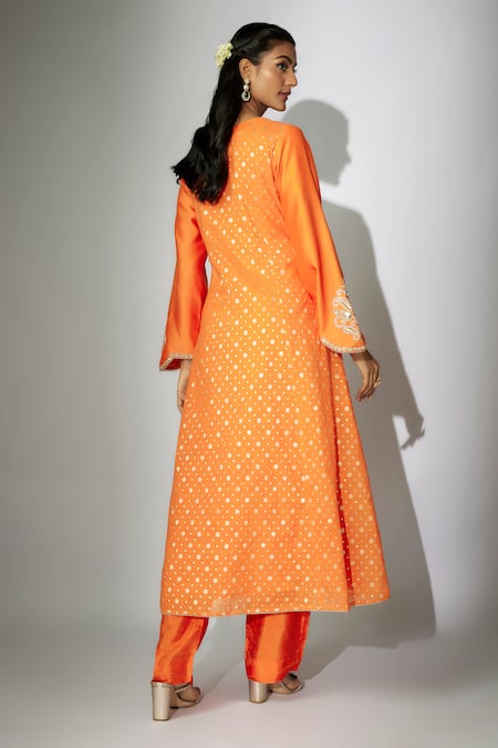 Shop Nadima Saqib Orange Chanderi, Organza, Denim Embroidery Zardosi And Marodi Kurta Pant Set at Aza Fashions Shop_Nadima Saqib_Orange Chanderi, Organza, Denim Embroidery Zardosi And Marodi Kurta Pant Set _at_Aza_Fashions