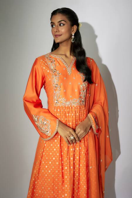Nadima Saqib Orange Chanderi, Organza, Denim Embroidery Zardosi And Marodi Kurta Pant Set Online at Aza Fashions Nadima Saqib_Orange Chanderi, Organza, Denim Embroidery Zardosi And Marodi Kurta Pant Set _Online_at_Aza_Fashions