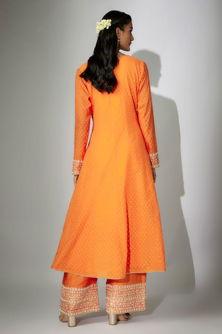Shop Nadima Saqib Orange Chanderi, Organza Embroidery Round Neck Kurta Palazzo Set at Aza Fashions Shop_Nadima Saqib_Orange Chanderi, Organza Embroidery Round Neck Kurta Palazzo Set _at_Aza_Fashions