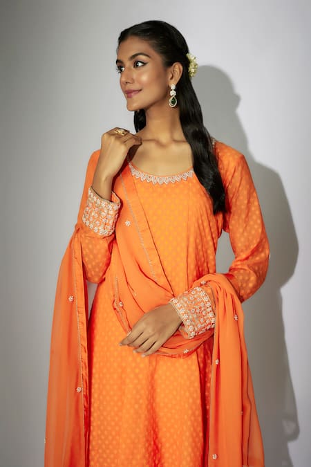 Nadima Saqib Orange Chanderi, Organza Embroidery Round Neck Kurta Palazzo Set Online at Aza Fashions Nadima Saqib_Orange Chanderi, Organza Embroidery Round Neck Kurta Palazzo Set _Online_at_Aza_Fashions