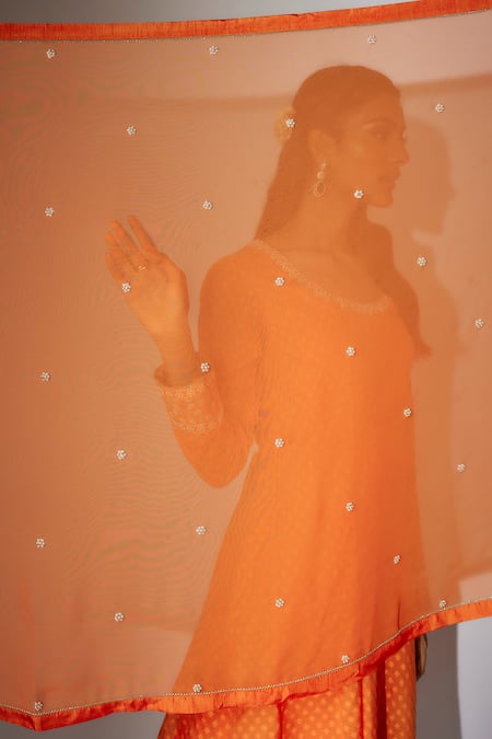 Buy Nadima Saqib Orange Chanderi, Organza Embroidery Round Neck Kurta Palazzo Set Online at Aza Fashions Buy_Nadima Saqib_Orange Chanderi, Organza Embroidery Round Neck Kurta Palazzo Set _Online_at_Aza_Fashions