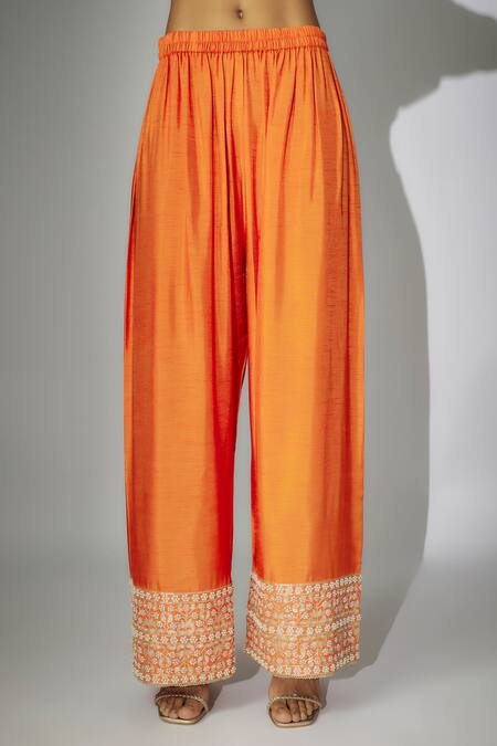 Nadima Saqib Orange Chanderi, Organza Embroidery Round Neck Kurta Palazzo Set at Aza Fashions Nadima Saqib_Orange Chanderi, Organza Embroidery Round Neck Kurta Palazzo Set _at_Aza_Fashions