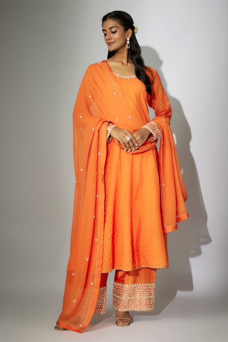 Buy Nadima Saqib Orange Chanderi, Organza Embroidery Round Neck Kurta Palazzo Set Buy_Nadima Saqib_Orange Chanderi, Organza Embroidery Round Neck Kurta Palazzo Set