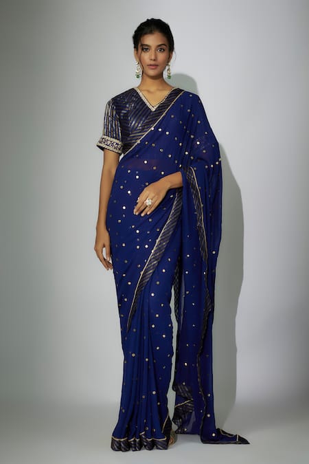 Nadima Saqib Blue Saree Georgette Embroidered Zardosi V Neck With Blouse 