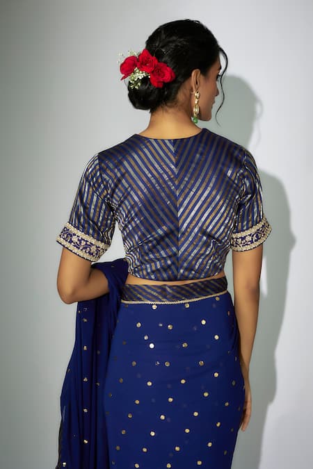 Shop Nadima Saqib Blue Georgette, Chanderi Zari, Embroidery V-neck Saree With Blouse at Aza Fashions Shop_Nadima Saqib_Blue Georgette, Chanderi Zari, Embroidery V-neck Saree With Blouse _at_Aza_Fashions