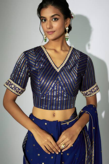 Nadima Saqib Blue Georgette, Chanderi Zari, Embroidery V-neck Saree With Blouse Online at Aza Fashions Nadima Saqib_Blue Georgette, Chanderi Zari, Embroidery V-neck Saree With Blouse _Online_at_Aza_Fashions