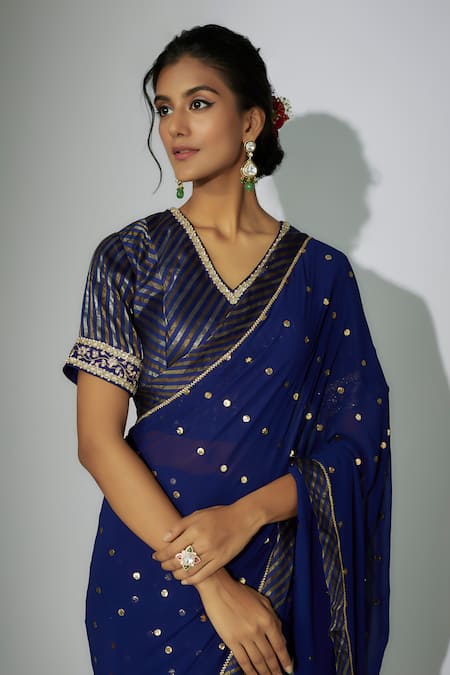 Buy Nadima Saqib Blue Georgette, Chanderi Zari, Embroidery V-neck Saree With Blouse Online at Aza Fashions Buy_Nadima Saqib_Blue Georgette, Chanderi Zari, Embroidery V-neck Saree With Blouse _Online_at_Aza_Fashions