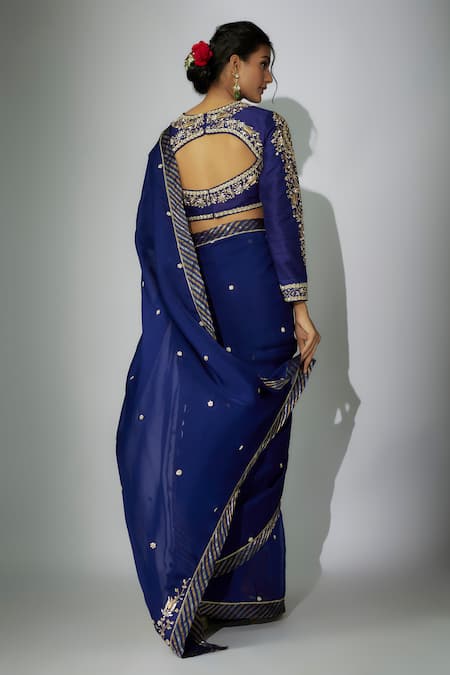 Shop Nadima Saqib Blue Organza, Silk Embroidery, Sequins V-neck Zardosi Saree With Blouse at Aza Fashions Shop_Nadima Saqib_Blue Organza, Silk Embroidery, Sequins V-neck Zardosi Saree With Blouse _at_Aza_Fashions