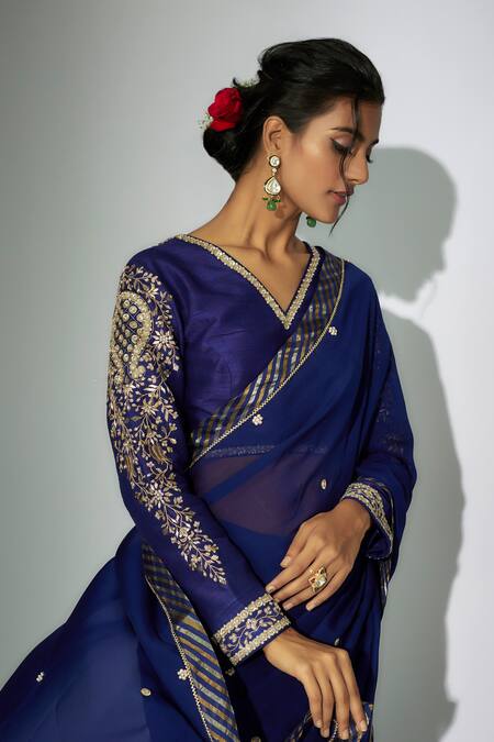 Nadima Saqib Blue Organza, Silk Embroidery, Sequins V-neck Zardosi Saree With Blouse Online at Aza Fashions Nadima Saqib_Blue Organza, Silk Embroidery, Sequins V-neck Zardosi Saree With Blouse _Online_at_Aza_Fashions
