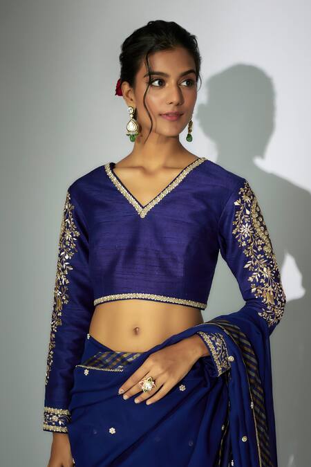 Buy Nadima Saqib Blue Organza, Silk Embroidery, Sequins V-neck Zardosi Saree With Blouse Online at Aza Fashions Buy_Nadima Saqib_Blue Organza, Silk Embroidery, Sequins V-neck Zardosi Saree With Blouse _Online_at_Aza_Fashions