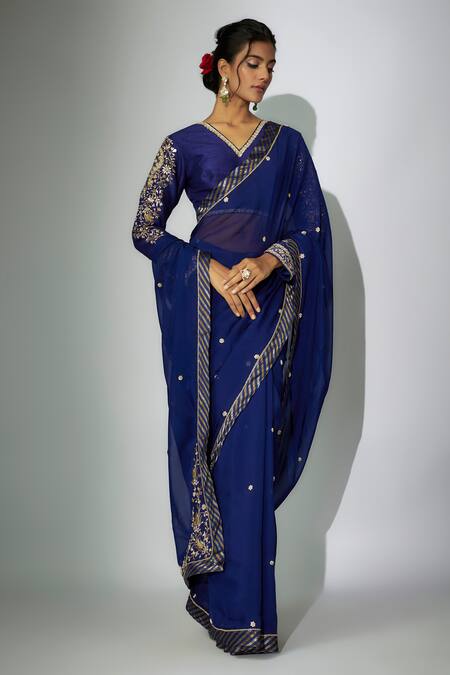 Shop Nadima Saqib Blue Organza, Silk Embroidery, Sequins V-neck Zardosi Saree With Blouse Online at Aza Fashions Shop_Nadima Saqib_Blue Organza, Silk Embroidery, Sequins V-neck Zardosi Saree With Blouse _Online_at_Aza_Fashions