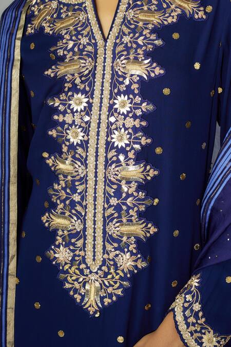 Nadima Saqib Blue Georgette, Organza, Denim Embroidery, Zardosi And Marodi Kurta Sharara Set Online at Aza Fashions Nadima Saqib_Blue Georgette, Organza, Denim Embroidery, Zardosi And Marodi Kurta Sharara Set _Online_at_Aza_Fashions