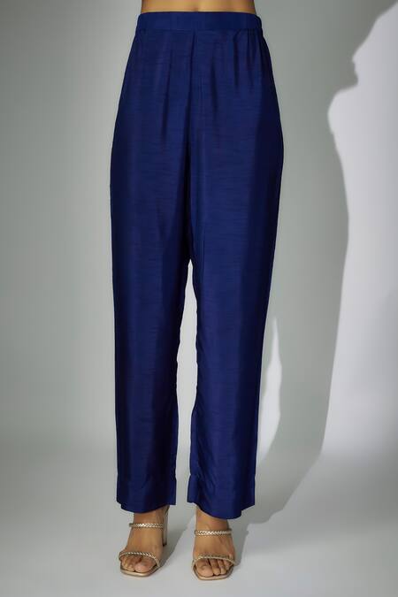 Shop Nadima Saqib Blue Chanderi, Organza Embroidery, Zari V-neck Straight Kurta Pant Set Online at Aza Fashions Shop_Nadima Saqib_Blue Chanderi, Organza Embroidery, Zari V-neck Straight Kurta Pant Set _Online_at_Aza_Fashions