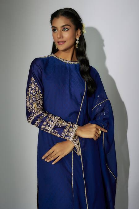 Nadima Saqib Blue Chanderi, Organza Zari, Embroidery Round Neck Kurta Pant Set Online at Aza Fashions Nadima Saqib_Blue Chanderi, Organza Zari, Embroidery Round Neck Kurta Pant Set _Online_at_Aza_Fashions