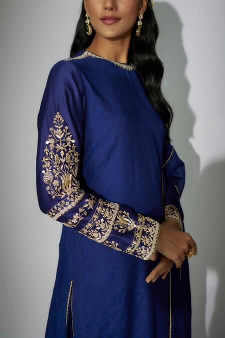 Buy Nadima Saqib Blue Chanderi, Organza Zari, Embroidery Round Neck Kurta Pant Set Online at Aza Fashions Buy_Nadima Saqib_Blue Chanderi, Organza Zari, Embroidery Round Neck Kurta Pant Set _Online_at_Aza_Fashions