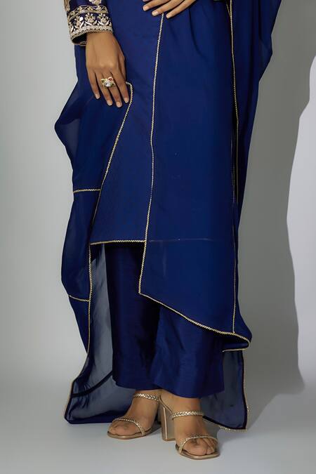 Shop Nadima Saqib Blue Chanderi, Organza Zari, Embroidery Round Neck Kurta Pant Set Online at Aza Fashions Shop_Nadima Saqib_Blue Chanderi, Organza Zari, Embroidery Round Neck Kurta Pant Set _Online_at_Aza_Fashions