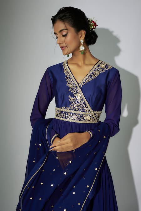 Nadima Saqib Blue Georgette, Chanderi, Organza, Satin, Lycra Zari, Embroidery Anarkali Set Online at Aza Fashions Nadima Saqib_Blue Georgette, Chanderi, Organza, Satin, Lycra Zari, Embroidery Anarkali Set _Online_at_Aza_Fashions
