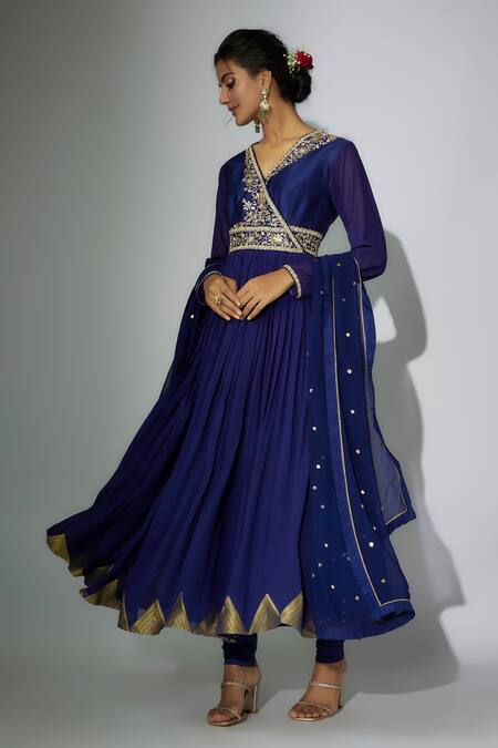 Shop Nadima Saqib Blue Georgette, Chanderi, Organza, Satin, Lycra Zari, Embroidery Anarkali Set Online at Aza Fashions Shop_Nadima Saqib_Blue Georgette, Chanderi, Organza, Satin, Lycra Zari, Embroidery Anarkali Set _Online_at_Aza_Fashions