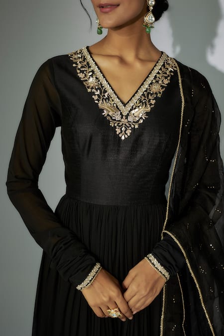 Shop Nadima Saqib Black Georgette, Chanderi, Organza Zari, Zardosi And Marodi Anarkali With Dupatta Online at Aza Fashions Shop_Nadima Saqib_Black Georgette, Chanderi, Organza Zari, Zardosi And Marodi Anarkali With Dupatta _Online_at_Aza_Fashions