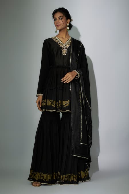 Nadima Saqib Black Dupatta Georgette Embroidered Zardosi V Neck Peplum Anarkali Gharara Set 