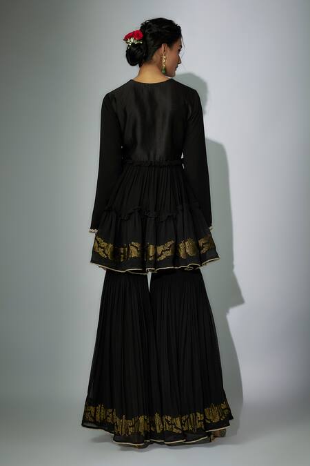 Shop Nadima Saqib Black Georgette, Chanderi Zari, Embroidery V-neck Peplum Anarkali Gharara Set at Aza Fashions Shop_Nadima Saqib_Black Georgette, Chanderi Zari, Embroidery V-neck Peplum Anarkali Gharara Set _at_Aza_Fashions