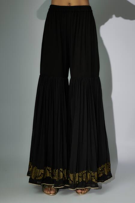 Buy Nadima Saqib Black Georgette, Chanderi Zari, Embroidery V-neck Peplum Anarkali Gharara Set Online at Aza Fashions Buy_Nadima Saqib_Black Georgette, Chanderi Zari, Embroidery V-neck Peplum Anarkali Gharara Set _Online_at_Aza_Fashions