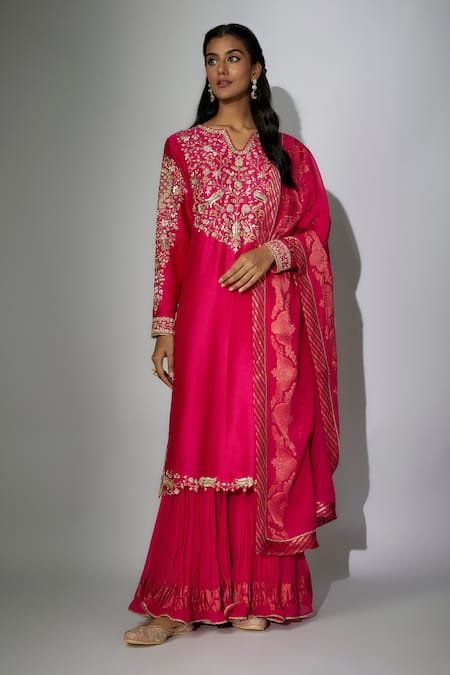 Nadima Saqib Pink Kurta Chanderi Embroidered Zardosi Round Straight Gharara Set 