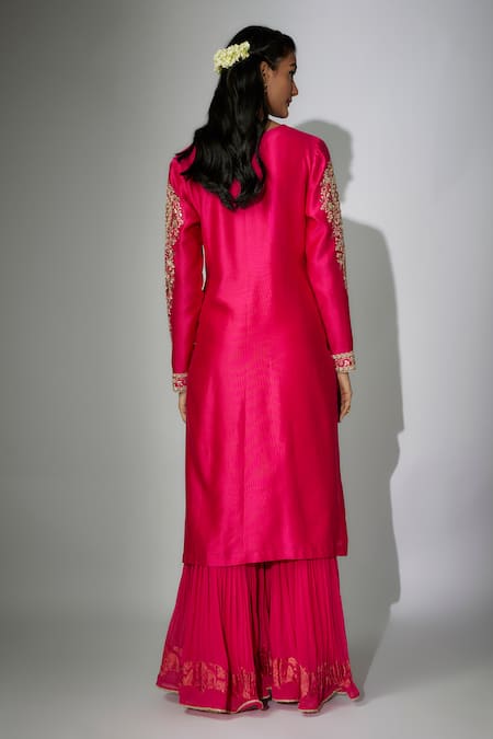 Shop Nadima Saqib Pink Chanderi, Georgette Embroidery Round Neck Straight Kurta Gharara Set at Aza Fashions Shop_Nadima Saqib_Pink Chanderi, Georgette Embroidery Round Neck Straight Kurta Gharara Set _at_Aza_Fashions