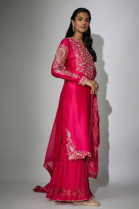 Nadima Saqib Pink Chanderi, Georgette Embroidery Round Neck Straight Kurta Gharara Set Online at Aza Fashions Nadima Saqib_Pink Chanderi, Georgette Embroidery Round Neck Straight Kurta Gharara Set _Online_at_Aza_Fashions