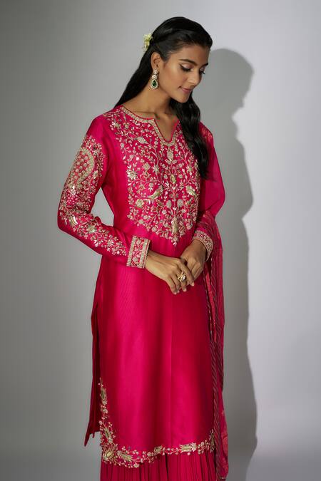 Buy Nadima Saqib Pink Chanderi, Georgette Embroidery Round Neck Straight Kurta Gharara Set Online at Aza Fashions Buy_Nadima Saqib_Pink Chanderi, Georgette Embroidery Round Neck Straight Kurta Gharara Set _Online_at_Aza_Fashions