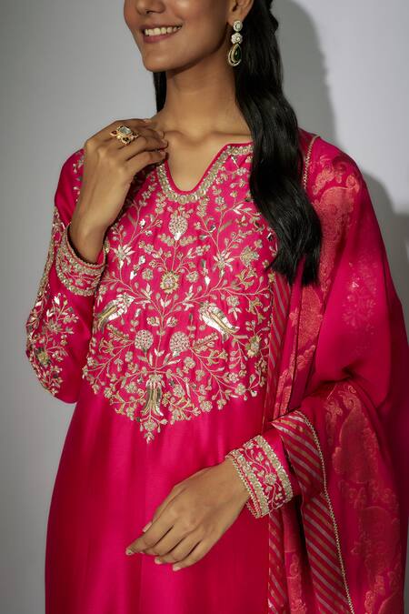 Shop Nadima Saqib Pink Chanderi, Georgette Embroidery Round Neck Straight Kurta Gharara Set Online at Aza Fashions Shop_Nadima Saqib_Pink Chanderi, Georgette Embroidery Round Neck Straight Kurta Gharara Set _Online_at_Aza_Fashions