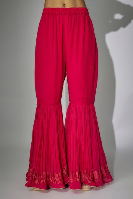 Nadima Saqib Pink Chanderi, Georgette Embroidery Round Neck Straight Kurta Gharara Set at Aza Fashions Nadima Saqib_Pink Chanderi, Georgette Embroidery Round Neck Straight Kurta Gharara Set _at_Aza_Fashions