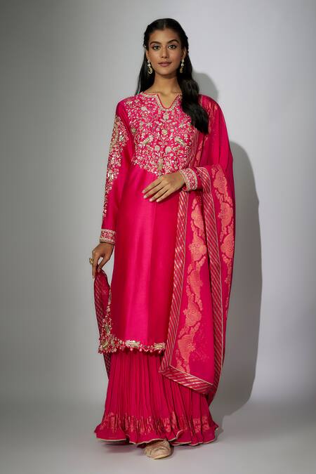 Buy Nadima Saqib Pink Chanderi, Georgette Embroidery Round Neck Straight Kurta Gharara Set Buy_Nadima Saqib_Pink Chanderi, Georgette Embroidery Round Neck Straight Kurta Gharara Set