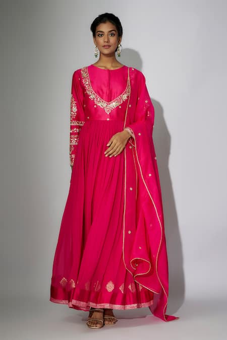 Nadima Saqib Pink Kurta Georgette And Chanderi Embroidered Zardosi Round Anarkali With Dupatta 