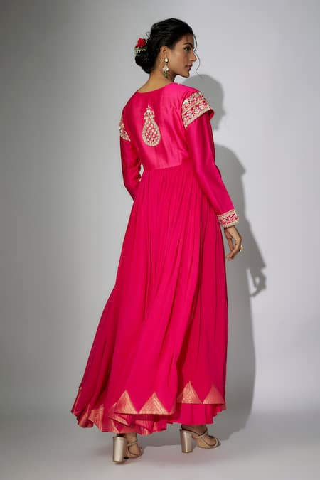Shop_Nadima Saqib_Pink Georgette, Chanderi, Organza Zari, Zardosi Angarkha Anarkali With Dupatta _at_Aza_Fashions