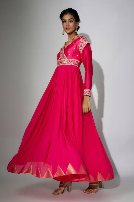 Nadima Saqib_Pink Georgette, Chanderi, Organza Zari, Zardosi Angarkha Anarkali With Dupatta _Online_at_Aza_Fashions