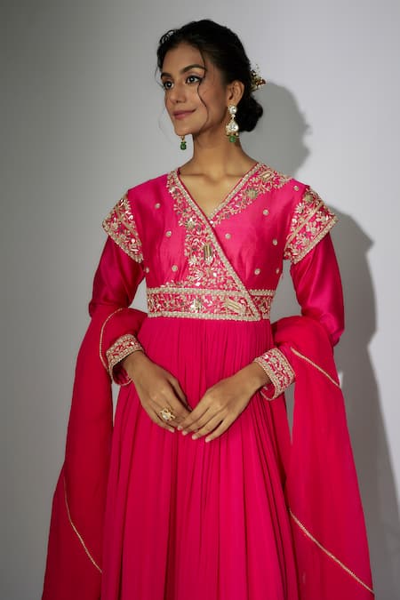 Buy_Nadima Saqib_Pink Georgette, Chanderi, Organza Zari, Zardosi Angarkha Anarkali With Dupatta _Online_at_Aza_Fashions