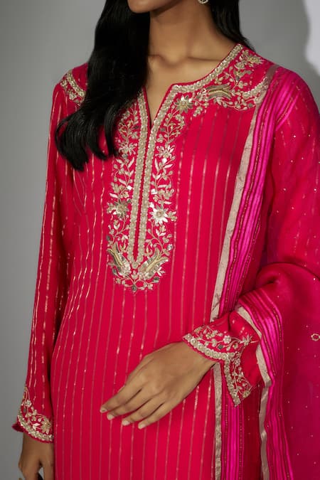 Shop Nadima Saqib Pink Georgette, Organza Embroidery, Sequins Split V-neck Kurta Tulip Pant Set Online at Aza Fashions Shop_Nadima Saqib_Pink Georgette, Organza Embroidery, Sequins Split V-neck Kurta Tulip Pant Set _Online_at_Aza_Fashions