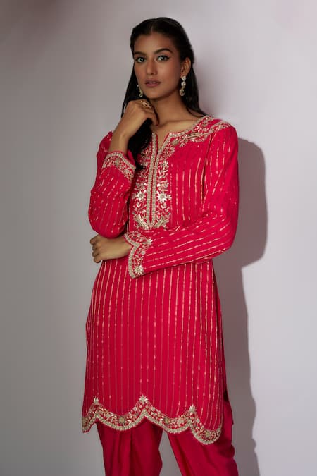 Buy Nadima Saqib Pink Georgette, Organza Embroidery, Sequins Split V-neck Kurta Tulip Pant Set Buy_Nadima Saqib_Pink Georgette, Organza Embroidery, Sequins Split V-neck Kurta Tulip Pant Set