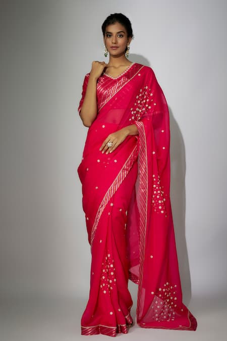 Nadima Saqib Pink Saree Organza Embroidered Zardosi V Neck With Blouse 