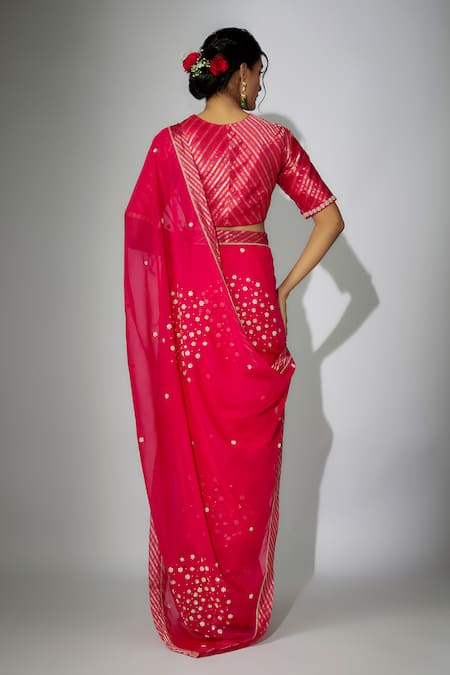 Shop_Nadima Saqib_Pink Chanderi, Organza Zari, Sequins Zardosi Embroidered Saree With Blouse _at_Aza_Fashions