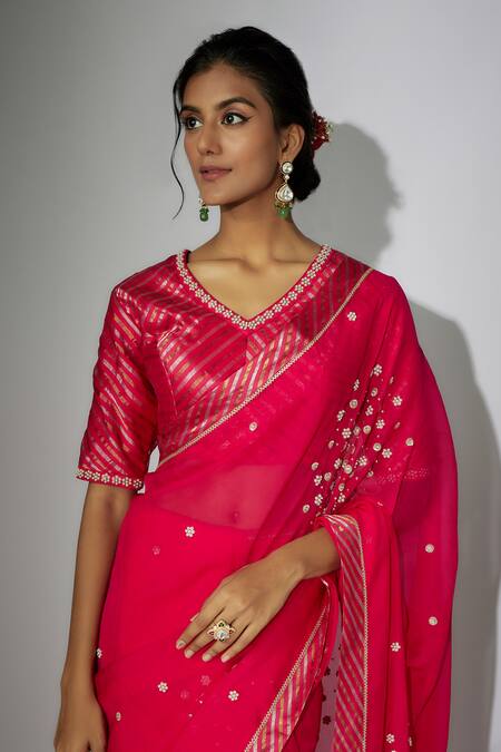 Shop_Nadima Saqib_Pink Chanderi, Organza Zari, Sequins Zardosi Embroidered Saree With Blouse _Online_at_Aza_Fashions