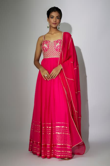 Buy_Nadima Saqib_Pink Georgette, Satin, Organza Zari, Embroidery Yoke Anarkali With Dupatta _Online_at_Aza_Fashions