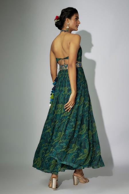 Nadima Saqib Floral Print Halter Neck Maxi Dress 