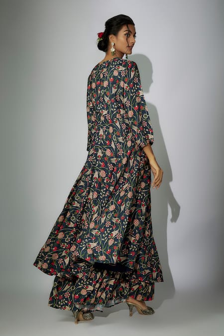 Shop Nadima Saqib Blue Organza, Satin Embroidery V-neck Printed Anarkali Gharara Set at Aza Fashions Shop_Nadima Saqib_Blue Organza, Satin Embroidery V-neck Printed Anarkali Gharara Set _at_Aza_Fashions