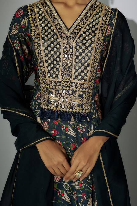 Nadima Saqib Blue Organza, Satin Embroidery V-neck Printed Anarkali Gharara Set Online at Aza Fashions Nadima Saqib_Blue Organza, Satin Embroidery V-neck Printed Anarkali Gharara Set _Online_at_Aza_Fashions