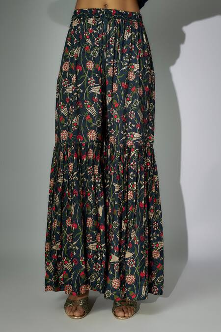 Buy Nadima Saqib Blue Organza, Satin Embroidery V-neck Printed Anarkali Gharara Set Online at Aza Fashions Buy_Nadima Saqib_Blue Organza, Satin Embroidery V-neck Printed Anarkali Gharara Set _Online_at_Aza_Fashions