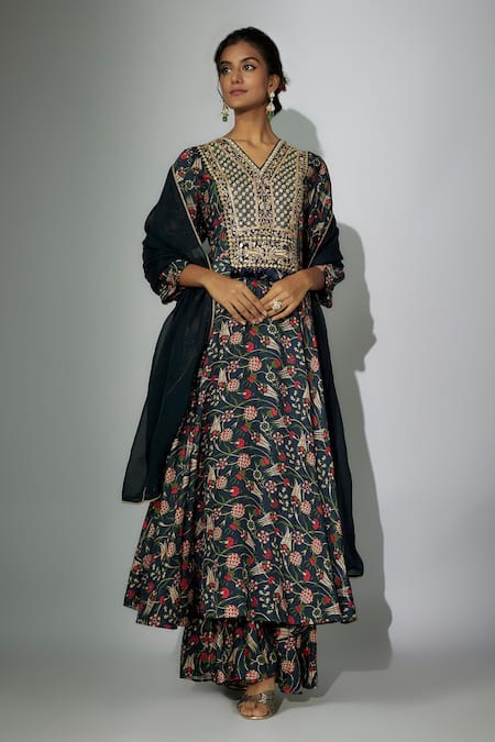 Shop Nadima Saqib Blue Organza, Satin Embroidery V-neck Printed Anarkali Gharara Set Online at Aza Fashions Shop_Nadima Saqib_Blue Organza, Satin Embroidery V-neck Printed Anarkali Gharara Set _Online_at_Aza_Fashions