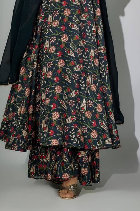 Nadima Saqib Blue Organza, Satin Embroidery V-neck Printed Anarkali Gharara Set at Aza Fashions Nadima Saqib_Blue Organza, Satin Embroidery V-neck Printed Anarkali Gharara Set _at_Aza_Fashions