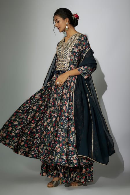 Buy Nadima Saqib Blue Organza, Satin Embroidery V-neck Printed Anarkali Gharara Set Buy_Nadima Saqib_Blue Organza, Satin Embroidery V-neck Printed Anarkali Gharara Set